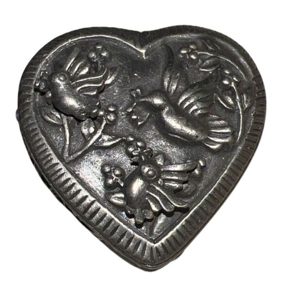 Vintage Torino Pewter Trinket Box - Heart - Heart is Brooch & Birds are Earrings - Picture 2 of 7